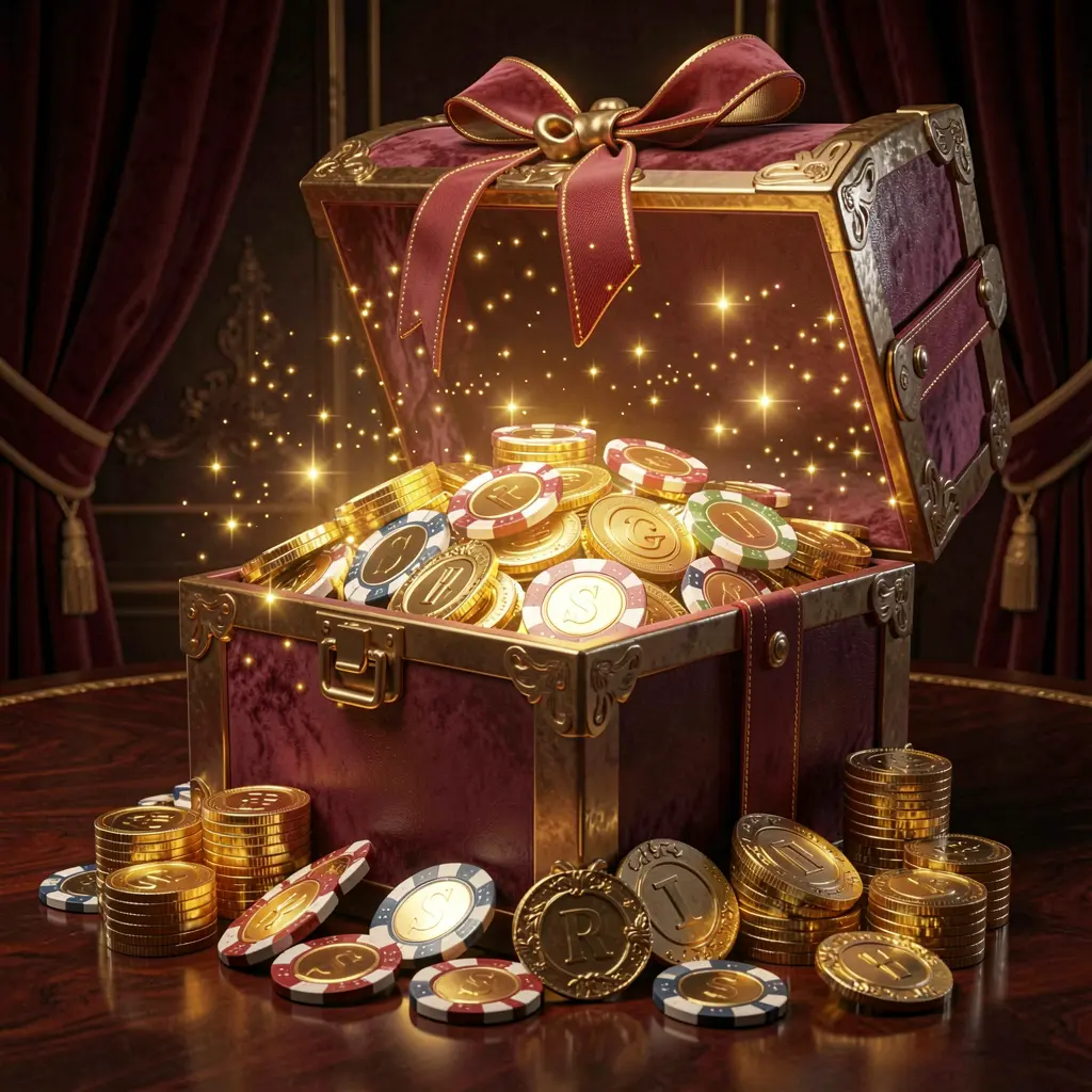 Kotak hadiah bercahaya berisi chip kasino gratis dan koin emas yang merepresentasikan bonus kasino tanpa deposit ONE777, berlatar belakang gelap mewah dengan efek kilau magis yang menciptakan suasana hadiah yang menarik