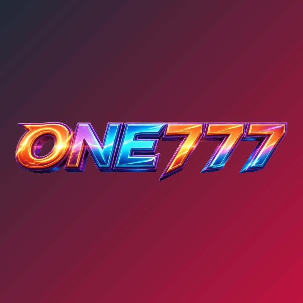 Logo gaming berani dengan teks ONE777, huruf 3D kuat, warna energik, komposisi modern terinspirasi esports, latar belakang transparan, logo wordmark horizontal untuk header situs web