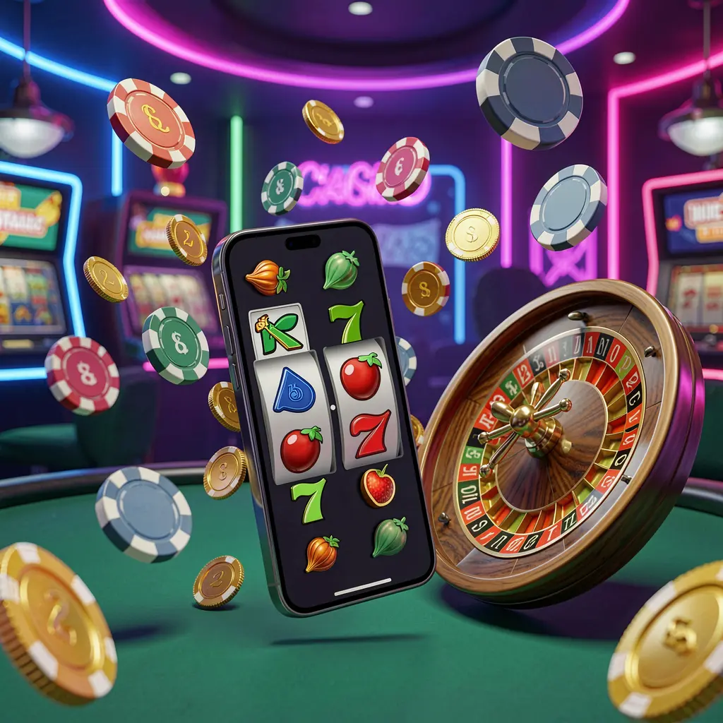 Konsep beranda hiburan kasino ONE777 yang menampilkan ponsel modern dikelilingi simbol mesin slot, roda roulette, chip, dan koin yang melayang di latar belakang kasino neon dalam render 3D premium